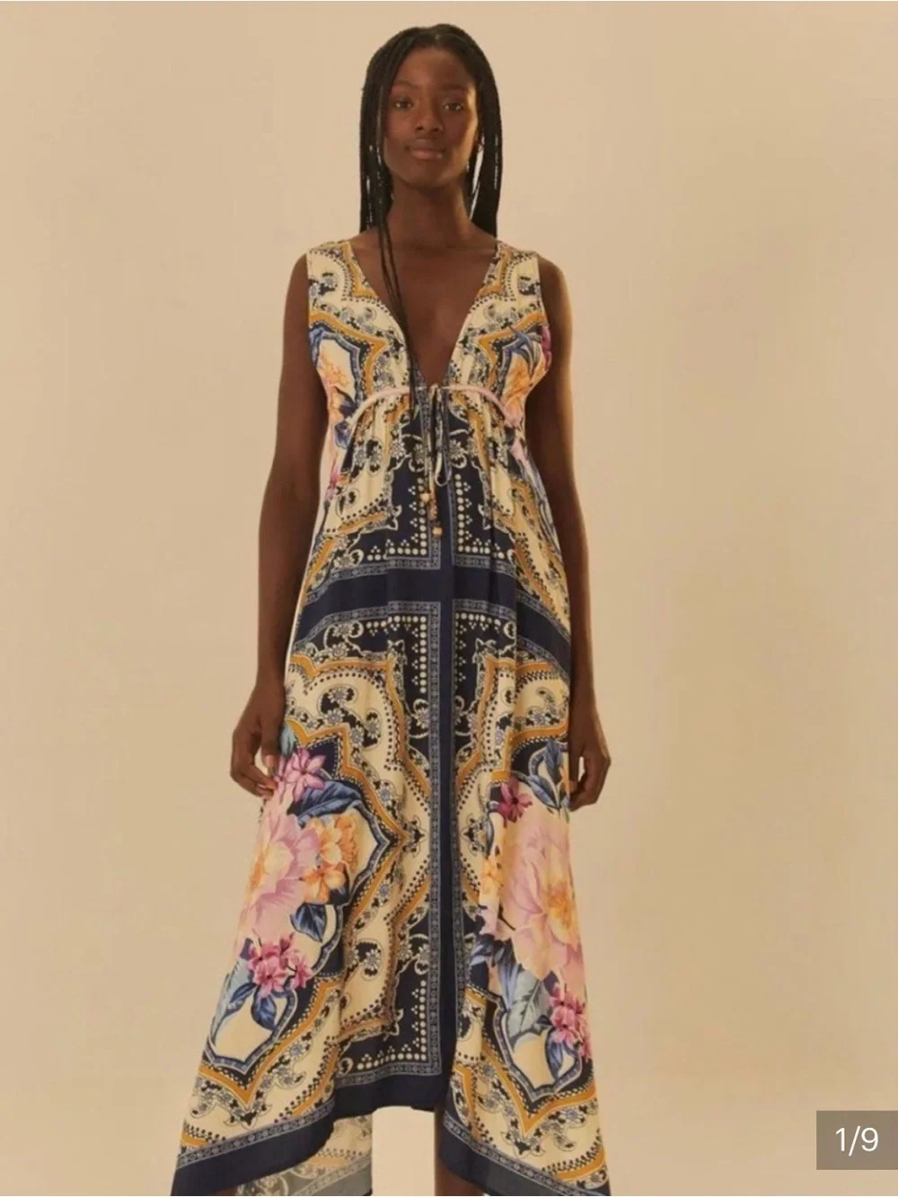FARM Rio Navy, Pink & Gold Floral V‑Neck Maxi Dress